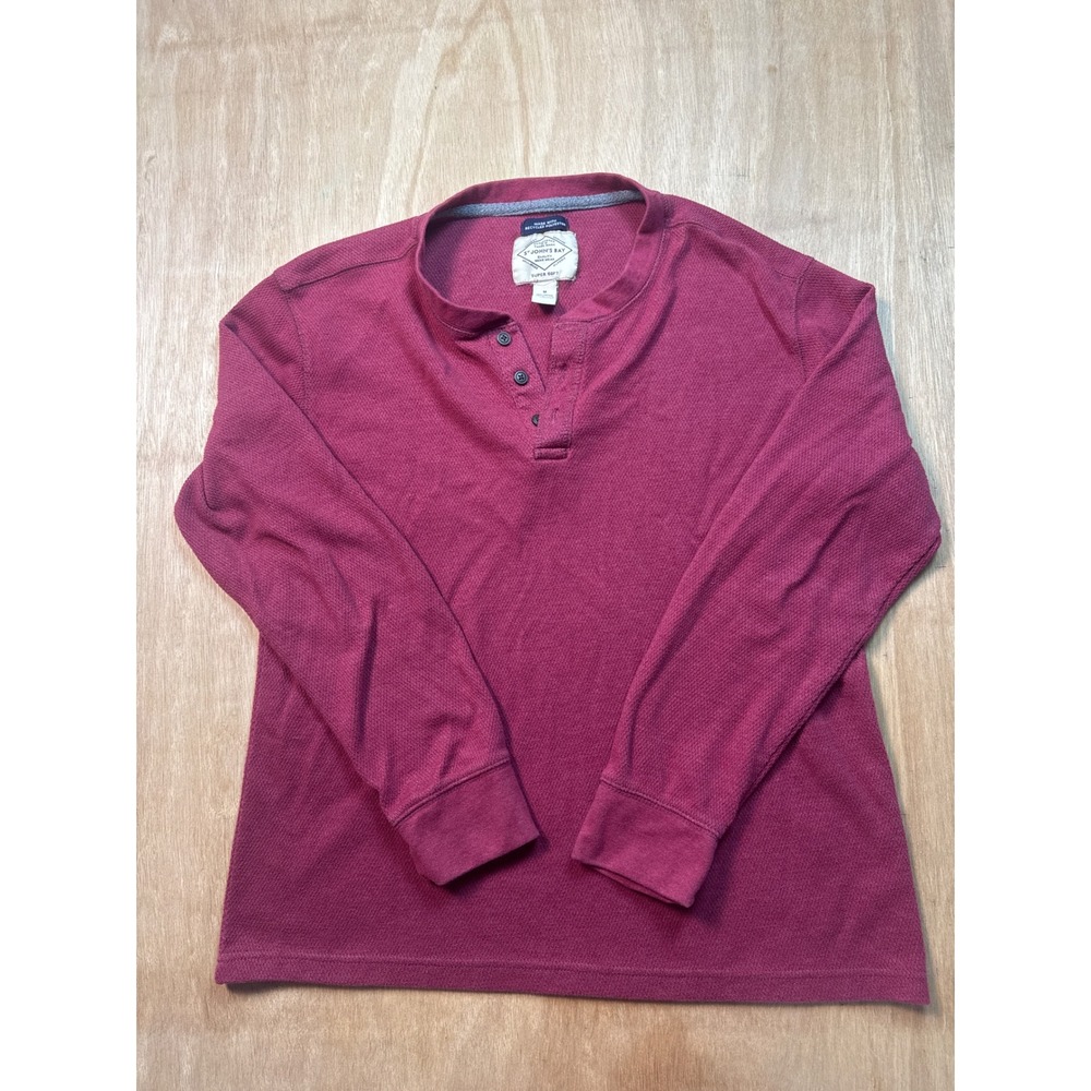 St Johns Bay Mens Henley Shirt Medium Burgundy Maroon Long Sleeve Waffle Knit